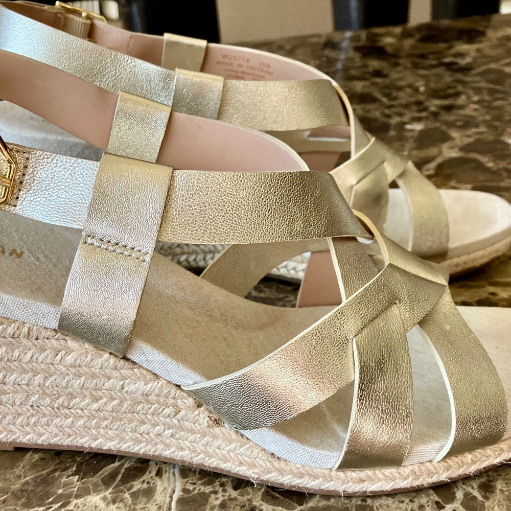Cole Haan Gold Leather Wedge Sandals